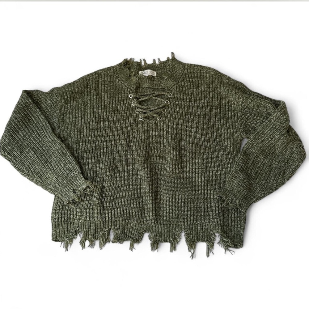 Chunky green lace up sweater